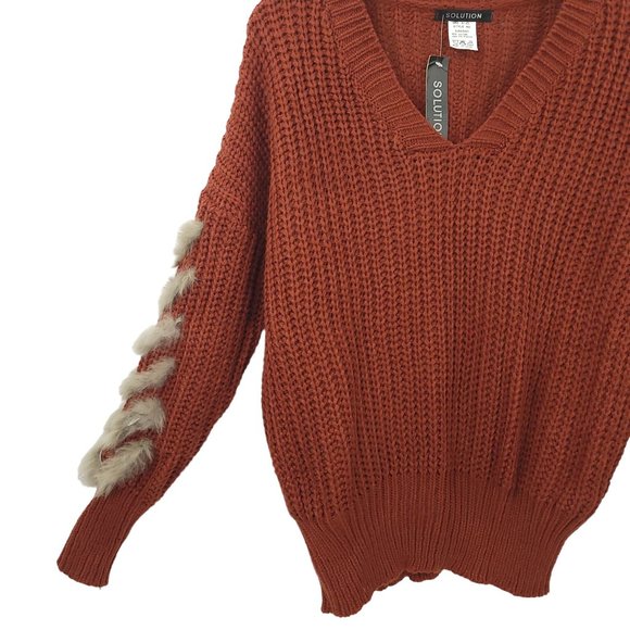 Solution Cable Knit V Neck Sweater One Size Long Sleeve Brown Faux Fur Trim - Picture 11 of 16